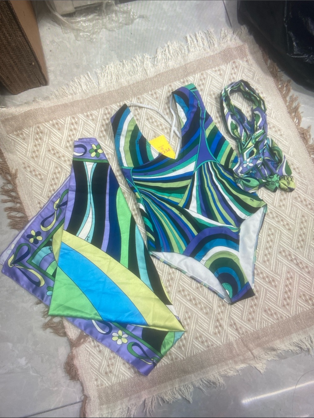 Emilio Pucci Green Blue Purple Striped Swirl One-Piece with Scarf